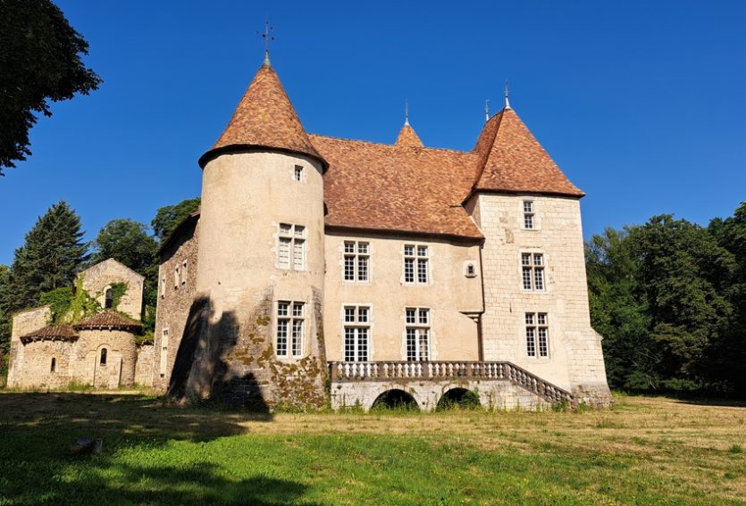 Splendide château M.H. avec chapelle romane, gîtes, dépendances et parc de 14 ha.